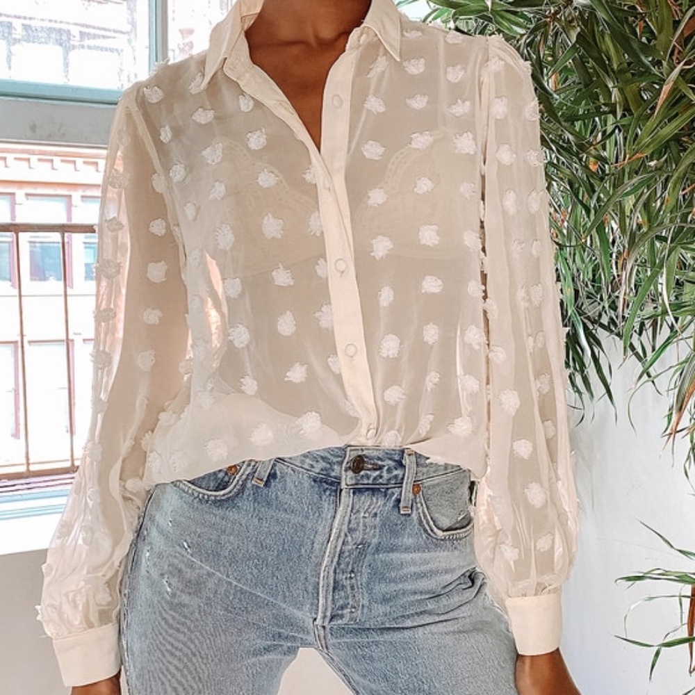 Lulus Cream Dotted Sheer Long Sleeve Button-up Top Beige - Size S